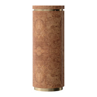 Cylindrical vase in warm brown with intricate, textured patterns and metallic gold accents.