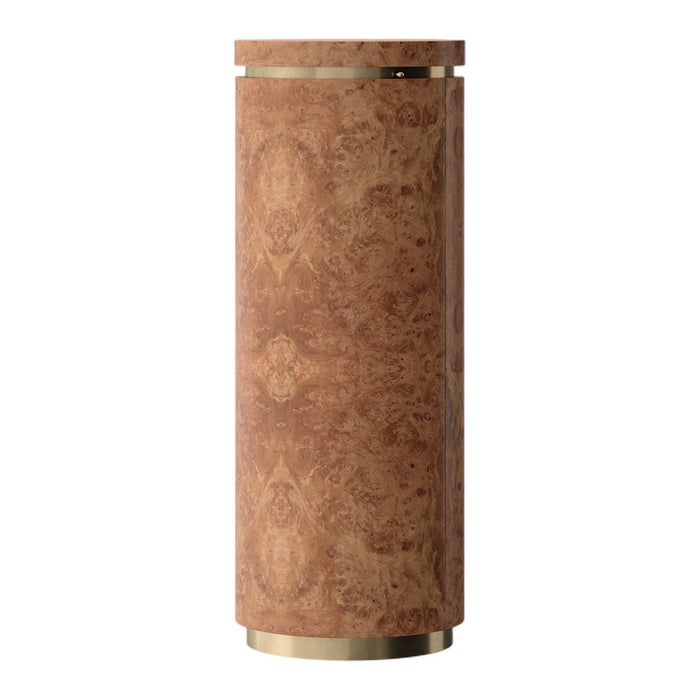 Cylindrical vase in warm brown with intricate, textured patterns and metallic gold accents.