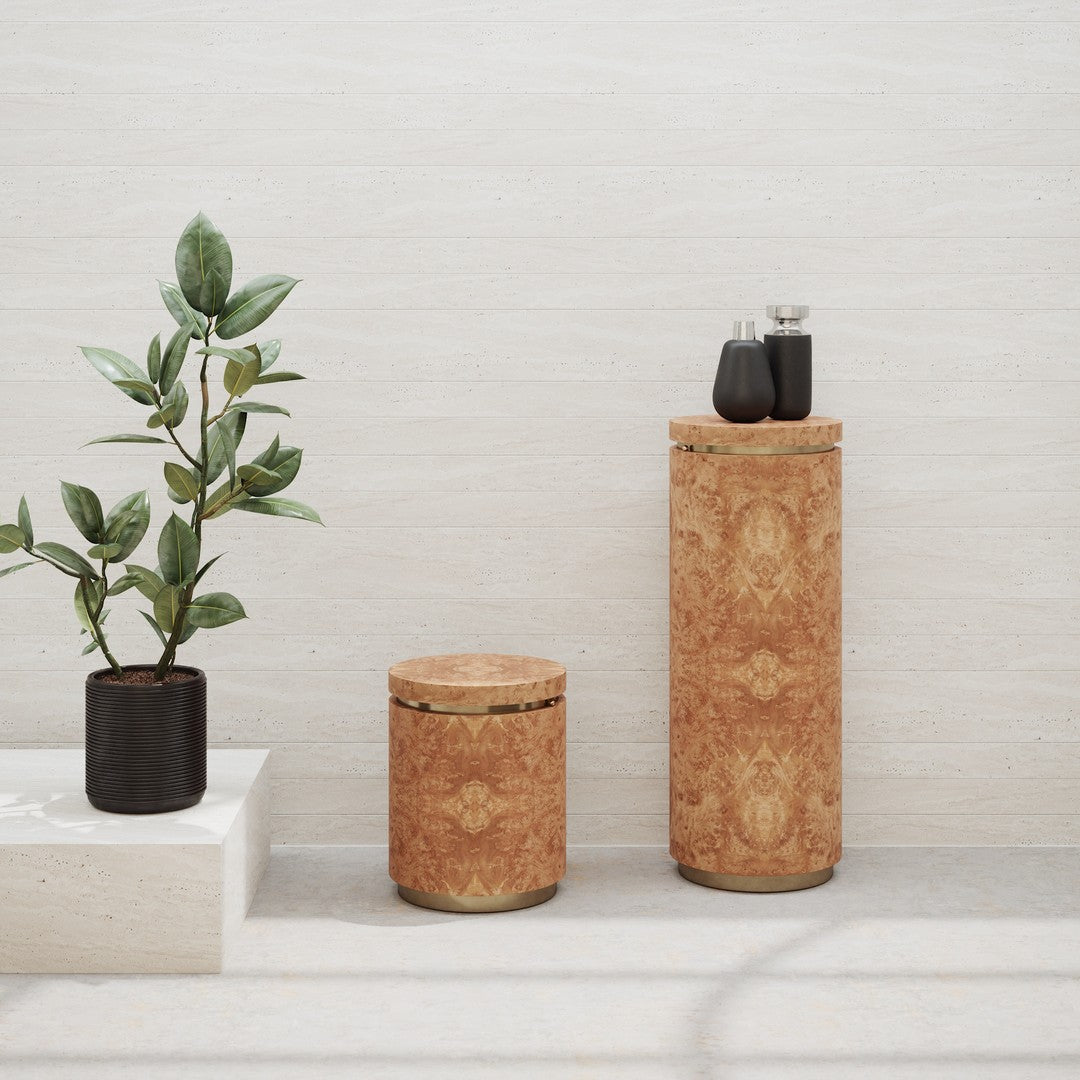"Natural cork finish with intricate floral patterns; warm brown tones complement black ceramic accents."