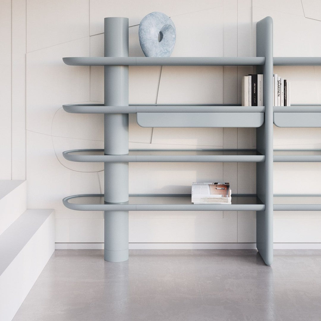 Light gray shelving unit with smooth, curved shelves and minimalist design, perfect for modern decor styling.