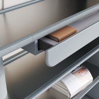 Modern shelving unit in soft gray tones, featuring a sleek design with subtle patterns and a contrasting brown accent.