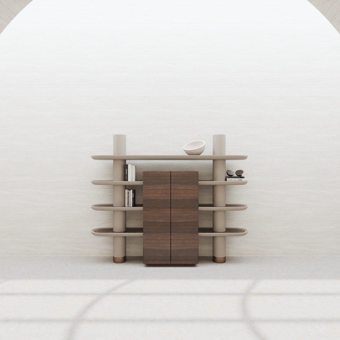 Modern shelf unit featuring beige and brown tones with sleek, minimalist lines and circular accents.