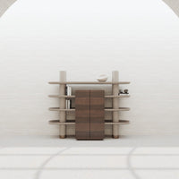 Modern shelf unit featuring beige and brown tones with sleek, minimalist lines and circular accents.