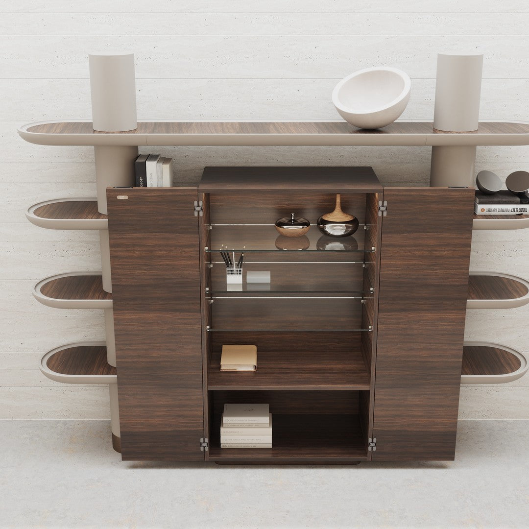 Modern wooden cabinet in rich brown with sleek lines and smooth surfaces, complemented by light gray shelves.