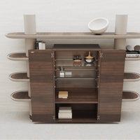 Modern wooden cabinet in rich brown with sleek lines and smooth surfaces, complemented by light gray shelves.