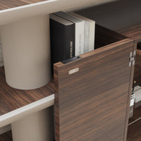 Dark wood grain cabinet with a smooth, modern design; beige accents on shelves and round columns for a neutral contrast.