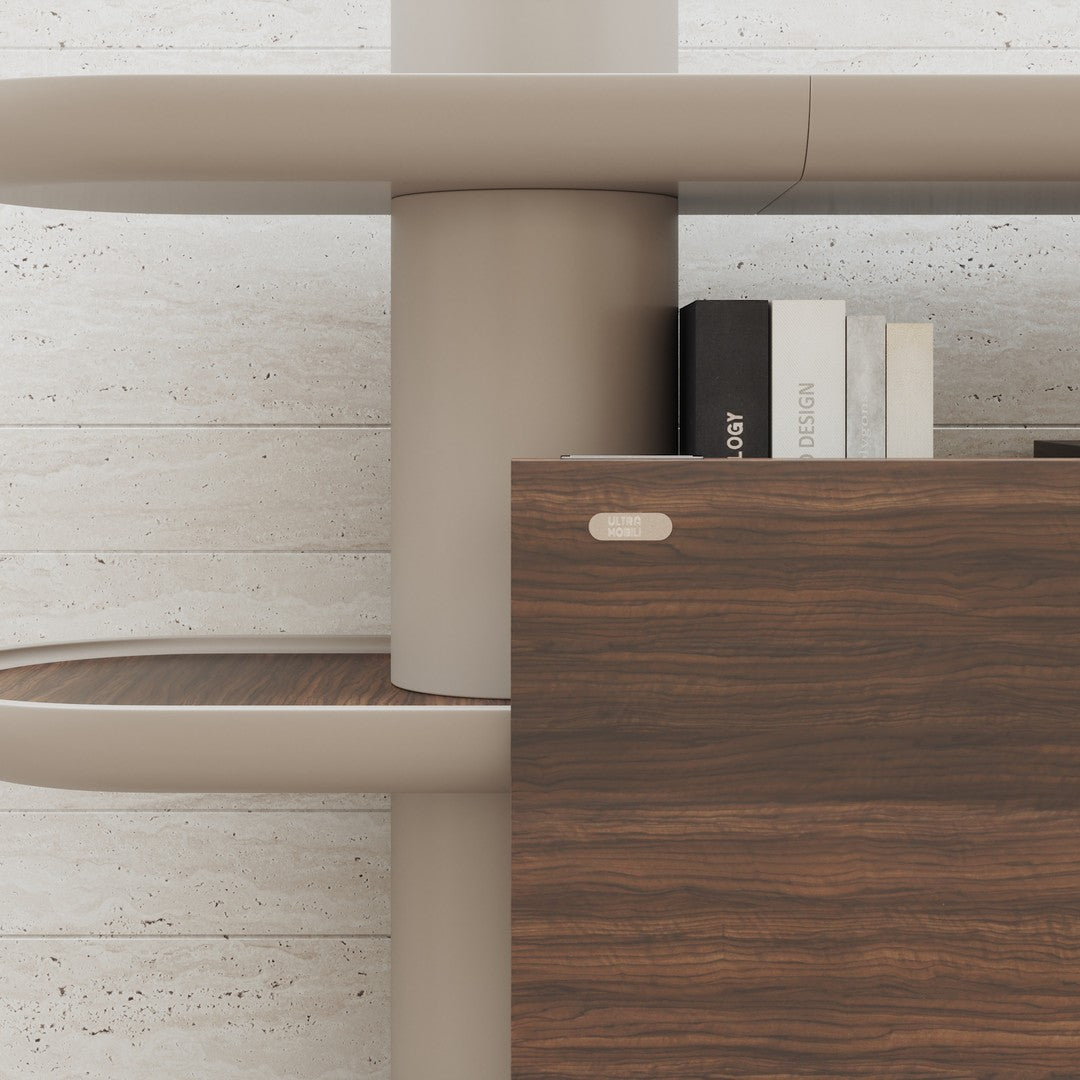 Modern shelving unit in sleek beige with a rich dark wood finish, featuring clean lines and minimalist design.
