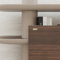 Modern shelving unit in sleek beige with a rich dark wood finish, featuring clean lines and minimalist design.