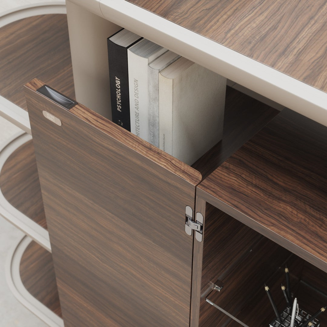 Dark wood grain pattern with light accents; sleek design featuring curved and straight lines. Perfect for modern decor.