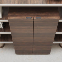 Wood grain cabinet in rich brown tones with sleek black handles and clean lines, perfect for modern decor.