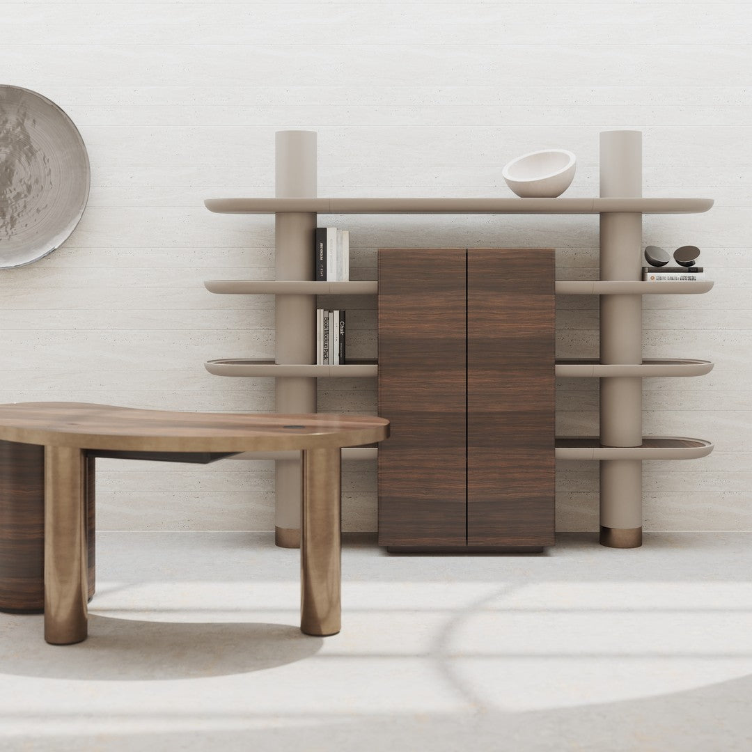 Modern wooden shelving unit with soft brown tones and curved patterns against a light, neutral background.