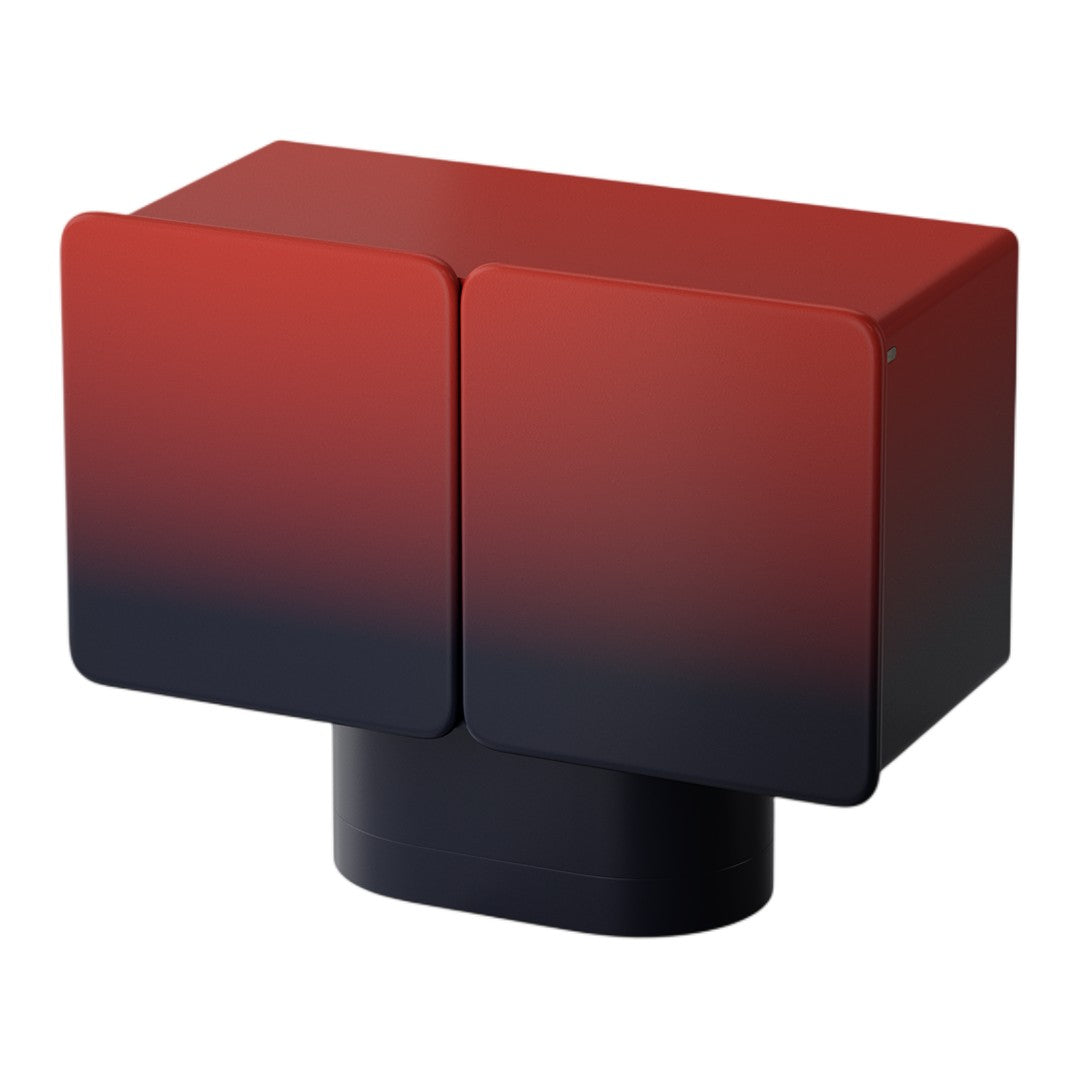 "Red and black gradient cube storage unit with a modern, sleek design."