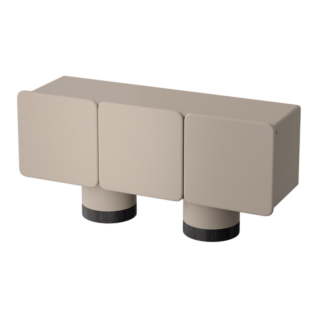 Beige modern furniture with smooth surfaces and cylindrical black legs, showcasing a minimalist design.