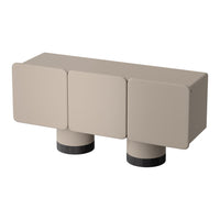 Beige modern furniture with smooth surfaces and cylindrical black legs, showcasing a minimalist design.