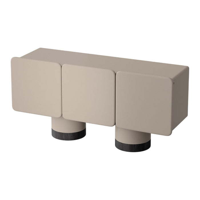Beige modern furniture with smooth surfaces and cylindrical black legs, showcasing a minimalist design.