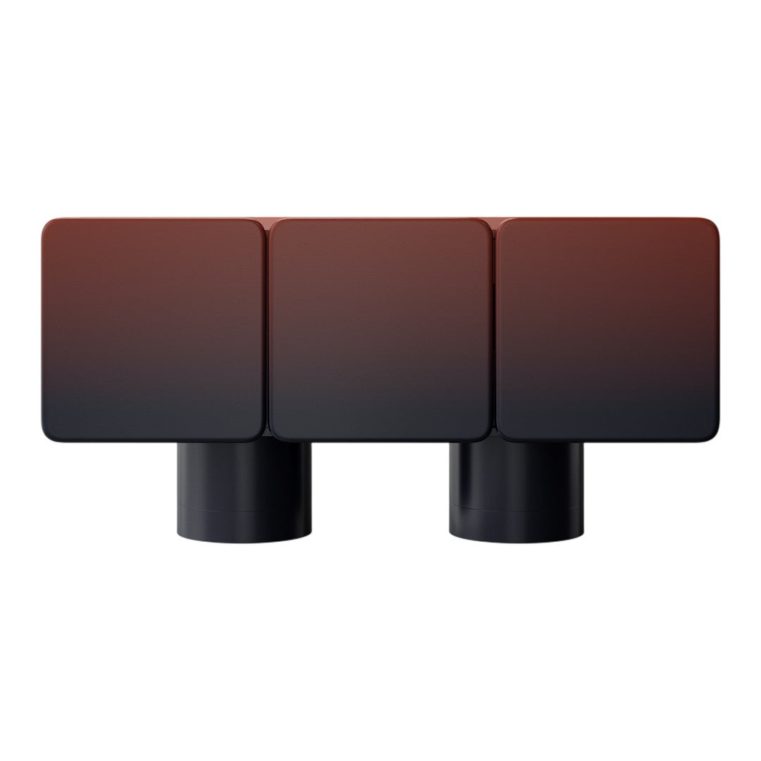"Modern three-cube furniture in gradient red to black, featuring a sleek geometric design."