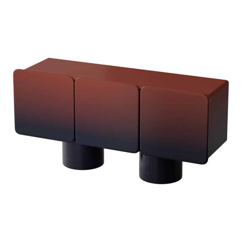 Modern three-drawer cabinet with a gradient finish in deep red to black, featuring smooth geometric shapes.