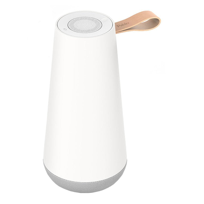White cone-shaped portable lamp with a grey base and a tan leather strap. Modern and minimalist design.