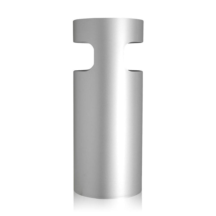 Sleek metallic silver decorative vase with a modern cutout design. Perfect for contemporary decor.