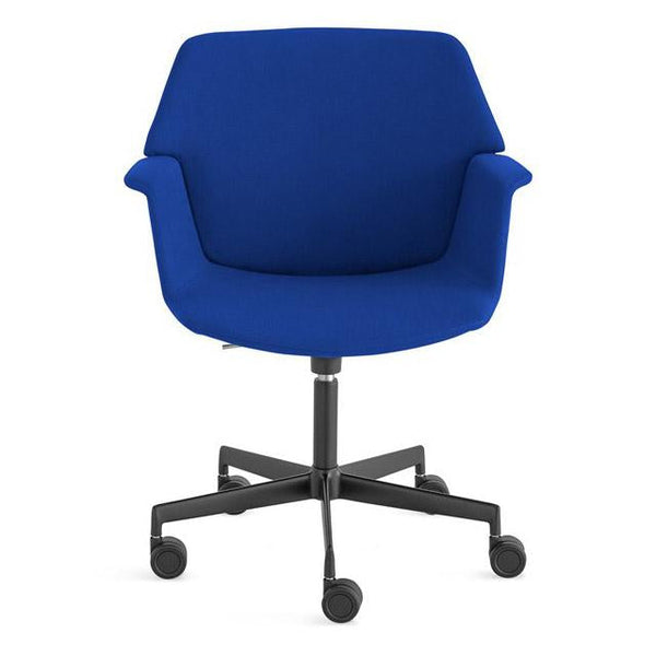 Bright blue upholstered chair with a sleek black base and smooth, modern design. Ideal for office or home use.