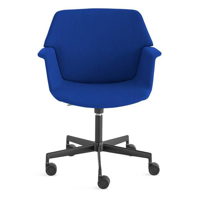 Bright blue upholstered chair with a sleek black base and smooth, modern design. Ideal for office or home use.
