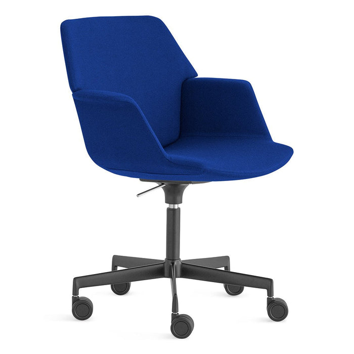 Blue upholstered office chair with a modern design and a smooth, minimalist pattern. Adjustable height and rolling wheels.