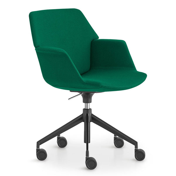 Green upholstered chair with a sleek design and black rolling base, perfect for modern office decor.