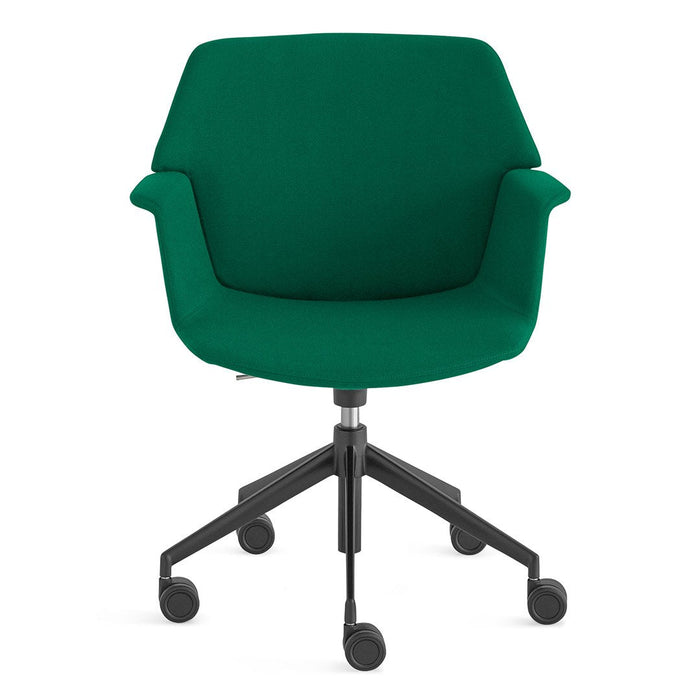 Green upholstered office chair with a sleek design and a black swivel base. Perfect for modern workspaces.