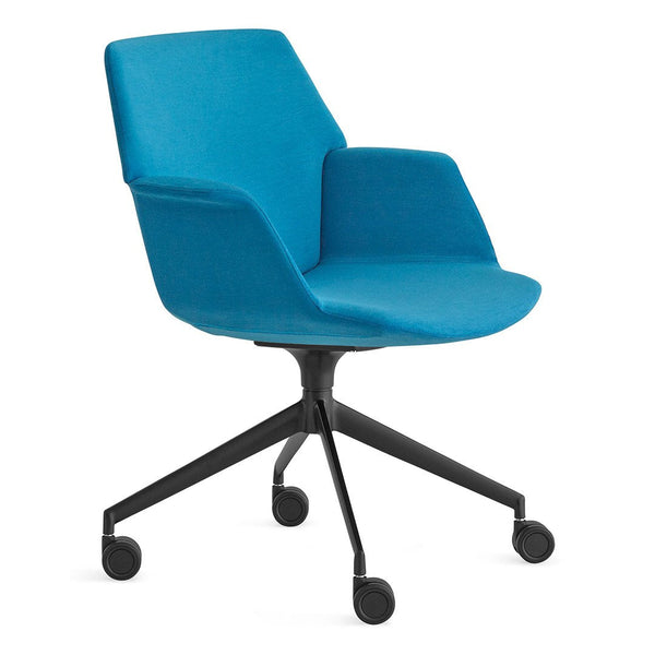 Teal upholstered chair with a smooth finish and sleek black wheels, perfect for modern office or home decor.
