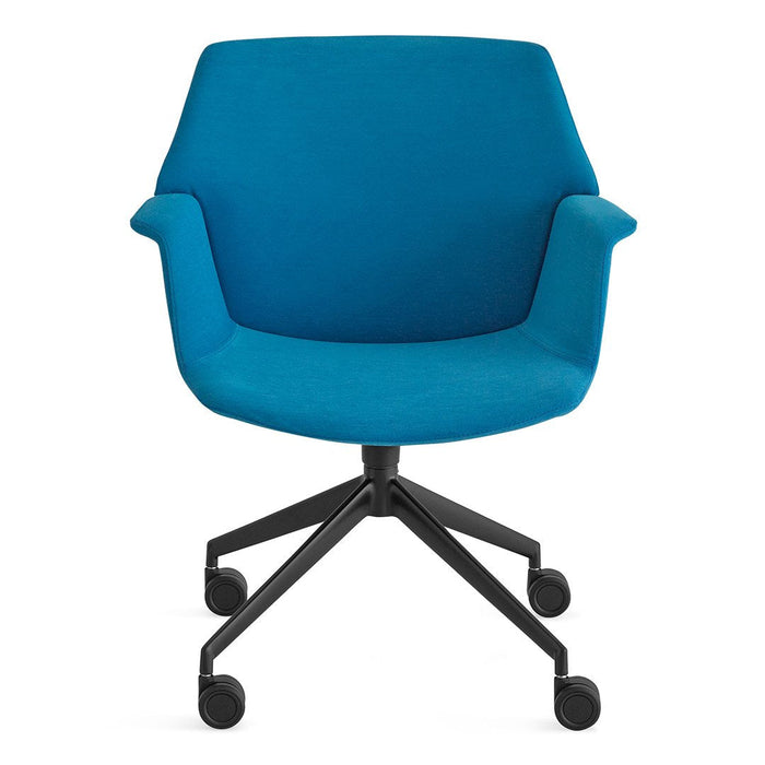 Blue upholstered office chair with a modern design and black rolling base, ideal for stylish workspaces.