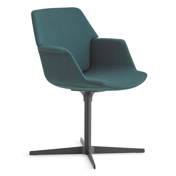 Teal upholstered chair with smooth fabric and minimalist design, featuring a sleek black metal base.