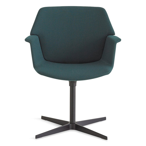 Teal upholstered chair with a modern design and black metal base, featuring a smooth, solid color without patterns.