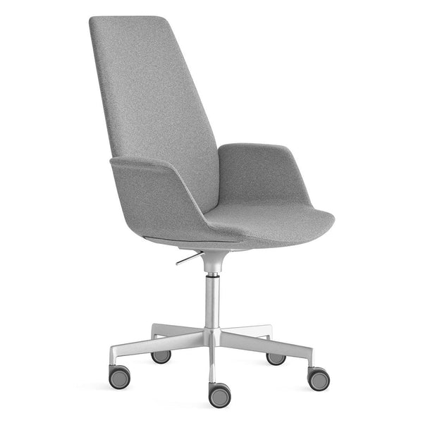 Elevated gray office chair with a streamlined design, featuring a smooth fabric finish and minimalistic pattern.