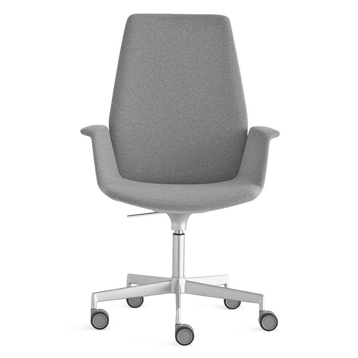 Gray ergonomic office chair with smooth fabric and simple design. Sleek silver base with rolling wheels.