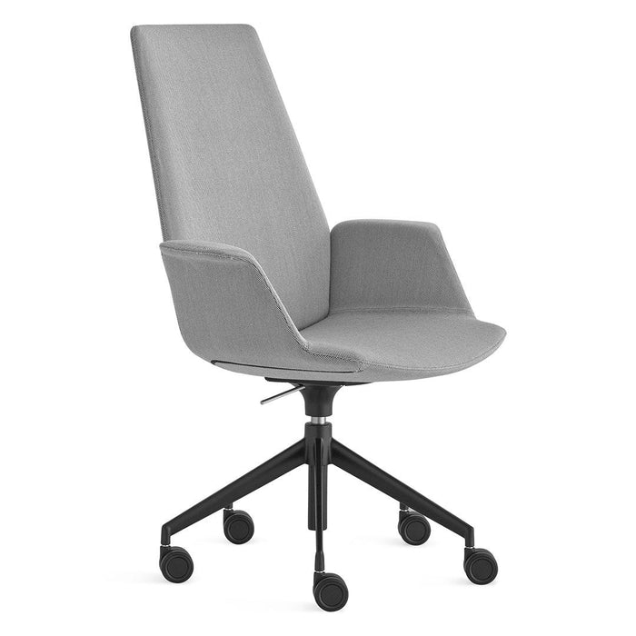 Gray upholstered office chair with a sleek design and black base, offering modern comfort and style.
