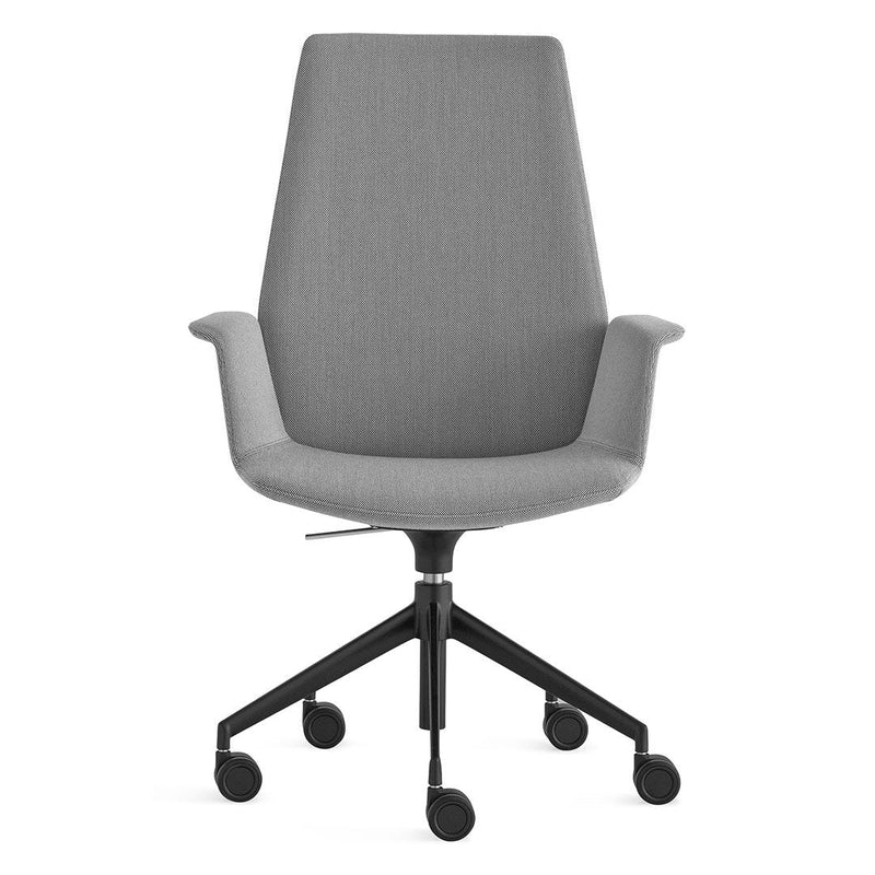 Gray fabric office chair with smooth curves and a sleek design, featuring a black wheeled base.