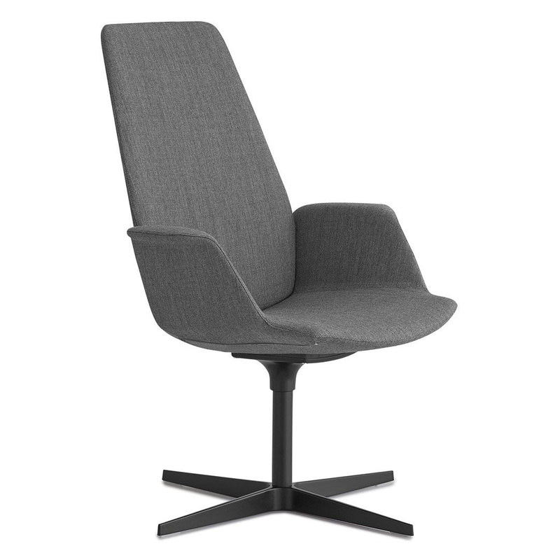 Stylish gray fabric chair with a sleek design and a smooth black base, perfect for modern interiors.