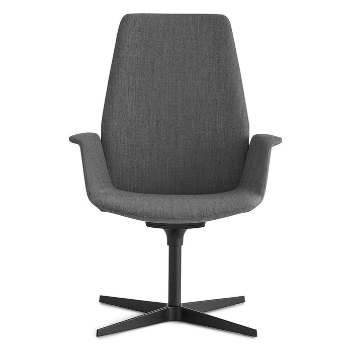 Gray upholstered swivel chair with a sleek, modern design and a simple, solid black base. Perfect for any workspace.