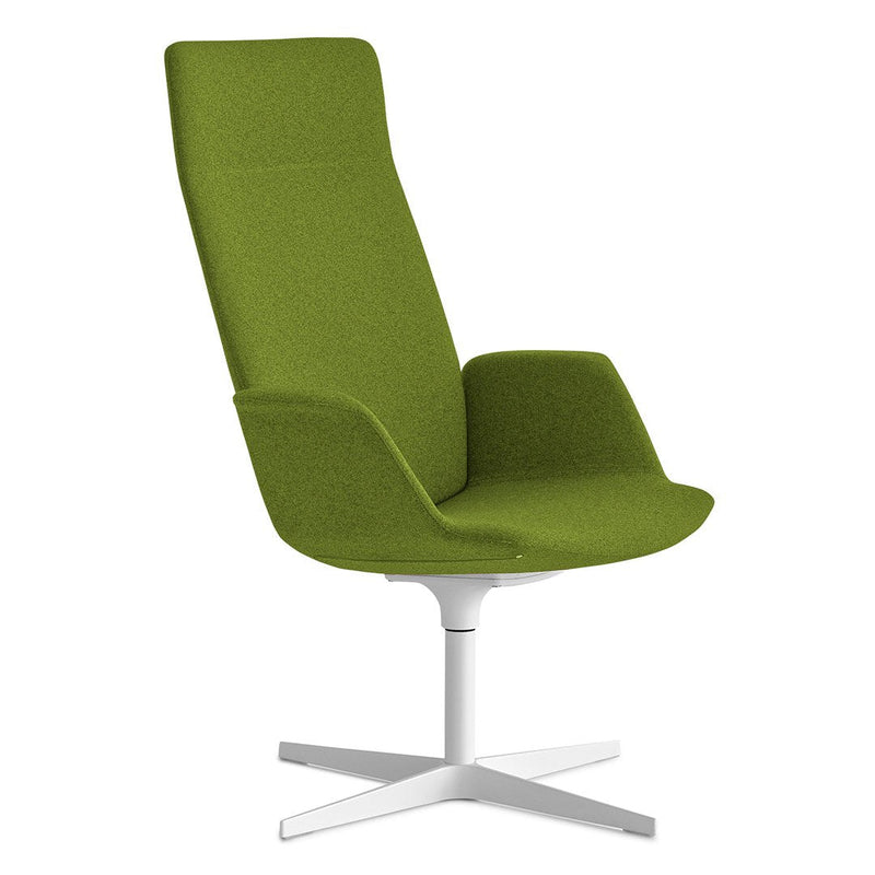 Green upholstered chair with a sleek design and white base, featuring a smooth fabric texture and modern silhouette.