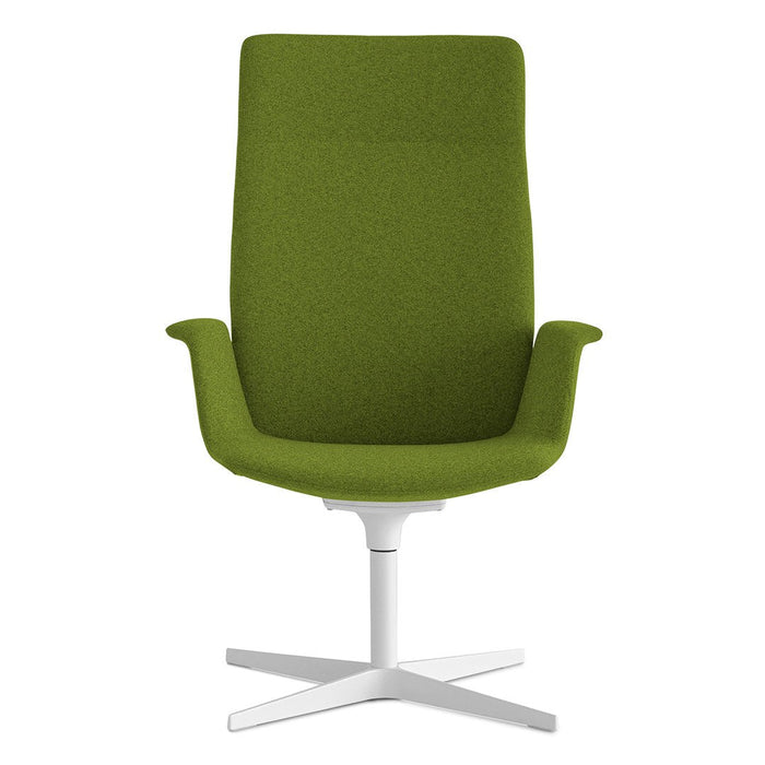 Green upholstered high-back chair with a smooth texture on a sleek white base. Perfect for modern interiors.