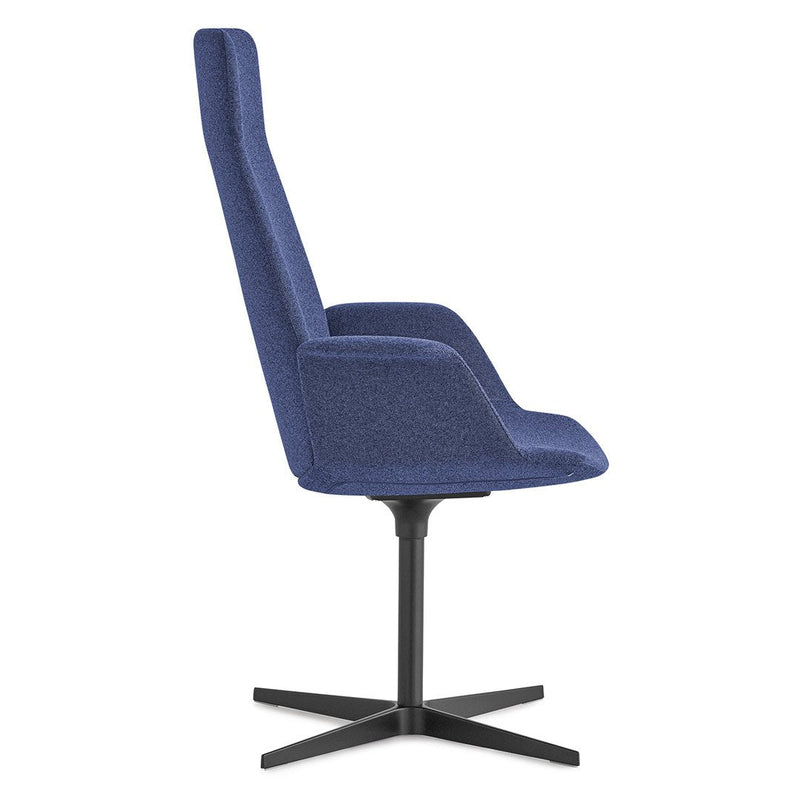 Stylish blue upholstered chair with a sleek, modern design and a black metal base. Ideal for contemporary decor.