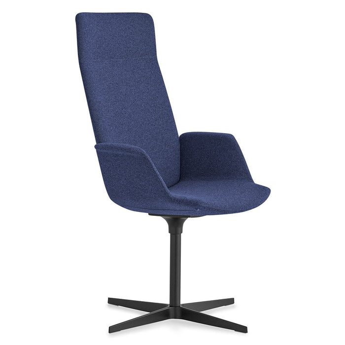 Tall, sleek chair in navy blue upholstery with a smooth fabric finish and a modern black base.