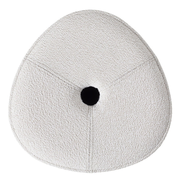 Soft white plush triangle cushion with a black center dot and textured surface pattern. Ideal for modern decor.