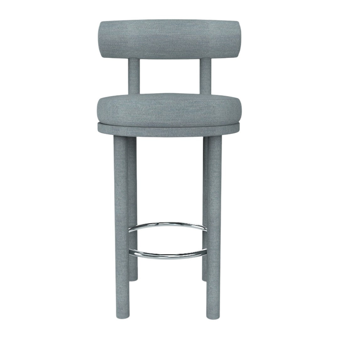 Gray upholstered bar stool with a simple, modern design and sleek chrome footrest. Perfect for contemporary decor.