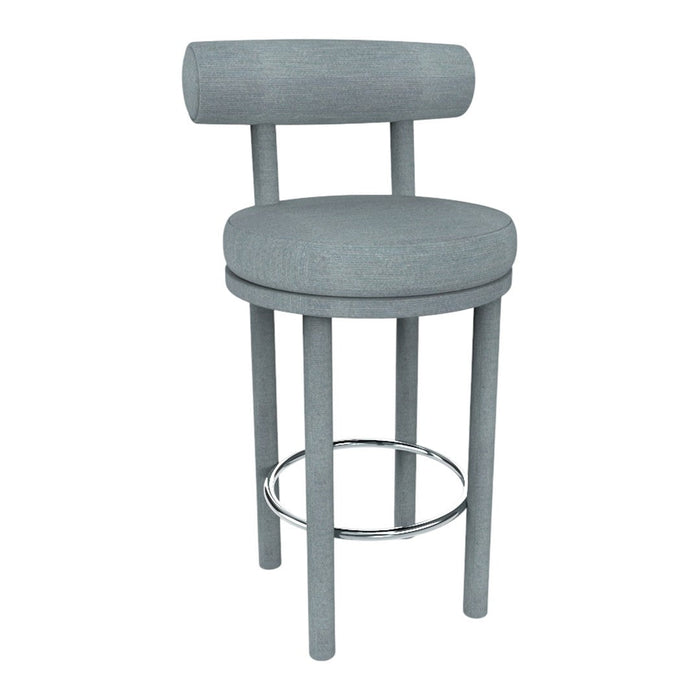 Gray upholstered bar stool with a round seat and backrest, featuring a sleek chrome footrest. Ideal for modern decor.