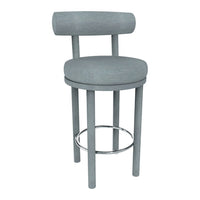 Gray upholstered bar stool with a rounded back and chrome accents, featuring a simple, modern design.