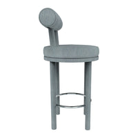 Gray upholstered bar stool with a rounded backrest and minimalist design. Stylish and modern for any decor.