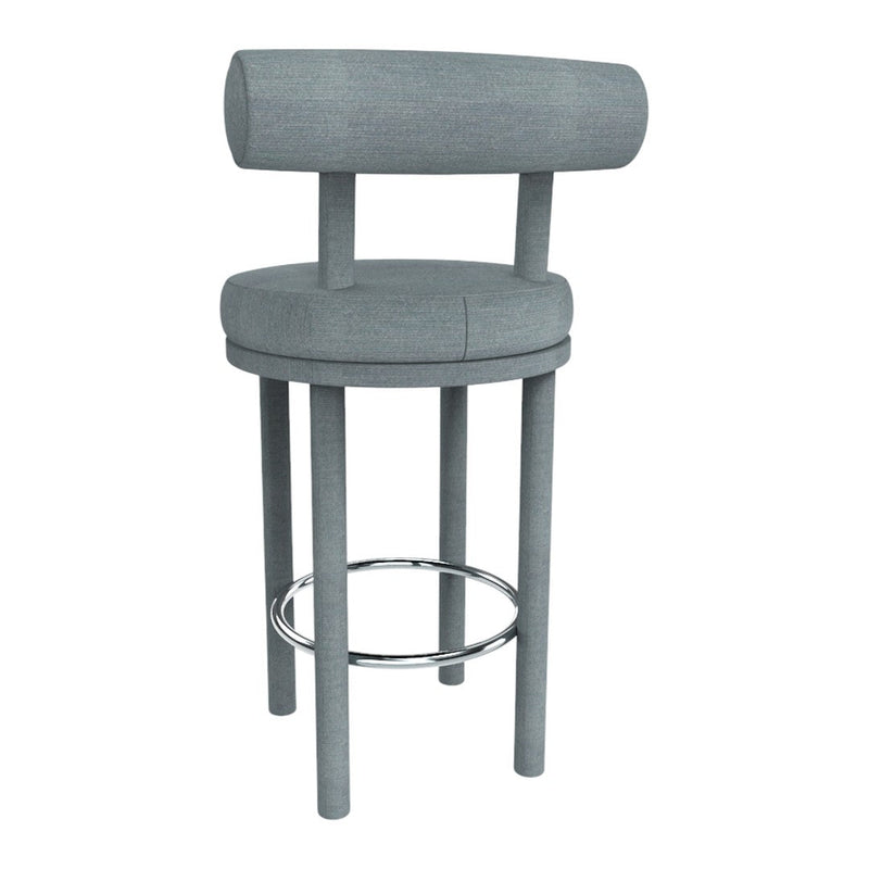 Gray upholstered bar stool with a rounded backrest and chrome footrest, featuring a minimalist design.