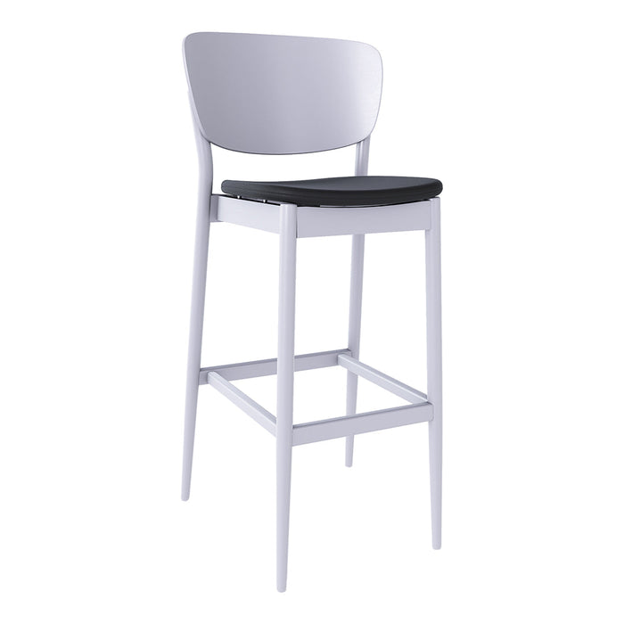 White bar stool with a sleek, modern design and a contrasting black seat. Clean lines and minimalistic style.