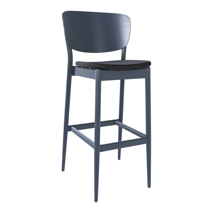 Stylish navy blue bar stool with a sleek black seat and minimalist design, perfect for modern decor.